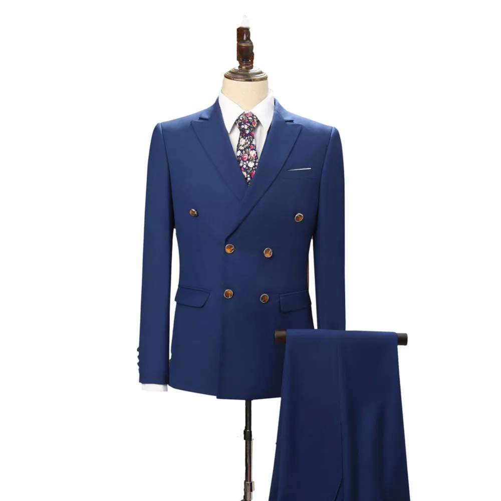 

2019 New Arrival Blue Wedding Suit Groom Tuxedos Double Breasted Best Man Suits 3 Pieces (Jacket+Pants+Vest) Formal Suit Custom