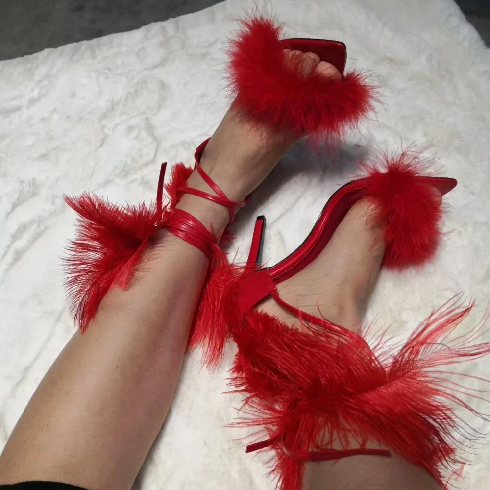 Mcacchi/Модные женские босоножки; Цвет черный, красный; женские туфли-гладиаторы на высоком каблуке с перьями; вечерние туфли; Escarpin; пикантная Свадебная обувь