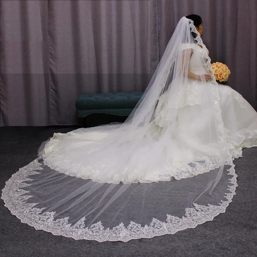 

High Quality Brilliant Sequins Lace Long Wedding Veil 3 M One Layer Cathedral Bridal Veil 2019 New Wedding Accessories