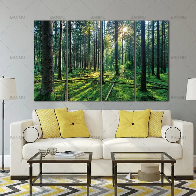4 Panel Forest Sunrise Sunlixwat Oil Painting Green Tree Woods Canvas