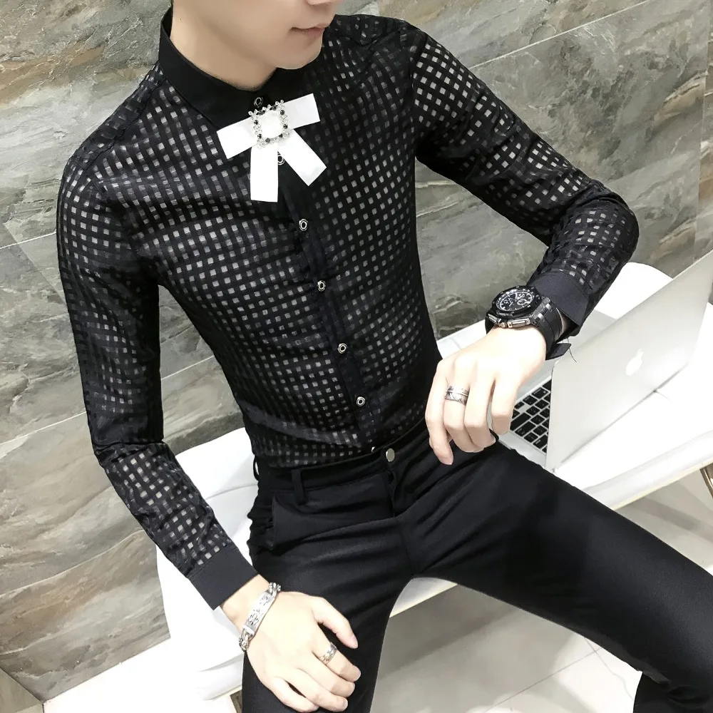 

England Style Hollow Mesh Men Shirt Autumn Fashion Transparent Shirts Slim Fit Plaid Social Night Club Outfits Sexy Shirt Men