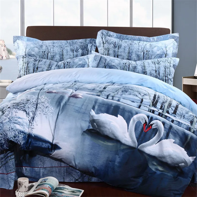 100cotton Winter Swan lake 3D bedding sets queen size bed covers 4pcs