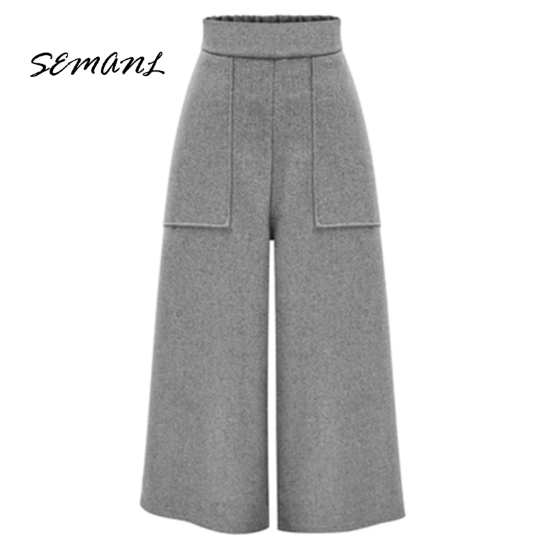 

2017P Winter European Style Plus Size 4XL Women Wool Wide Pants Casual Elastic Waist Trousers Pockets High Waist Female Capris