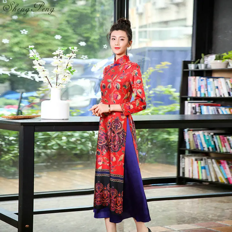 

Vietnam aodai Chinese traditional Clothing For Woman Qipao long Chinese Oriental dress modern cheongsam ao dai V1382