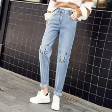 Женские джинсы с вышивкой в виде милого кота, женские джинсы пуш-ап с высокой талией, модные джинсовые штаны, женские джинсы для женщин в стиле бойфренд