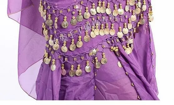 

1pcs/lot free shipping Professional Chiffon Belly Dance Scarf 150x30cm 3 Rows 98Gold Coins Belt Hip Wrap Waist Chain