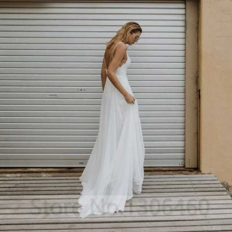 Летнее пляжное Бохо свадебное платье Vestidos de novia кружевное шифоновое свадебное платье элегантные свадебные платья без спинки на тонких бретелях