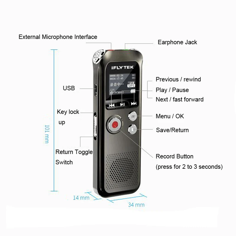 Iflytek Portable Digital Voice Recorder MP3 Recording Pen Support Mp3 WAV Format with 8GB Memory Card Chinese Version