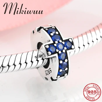 

New Fashion 925 Sterling Silver blue zircon Cross shape Stopper spacer bead Jewelry making Fit Original Pandora Charm Bracelet