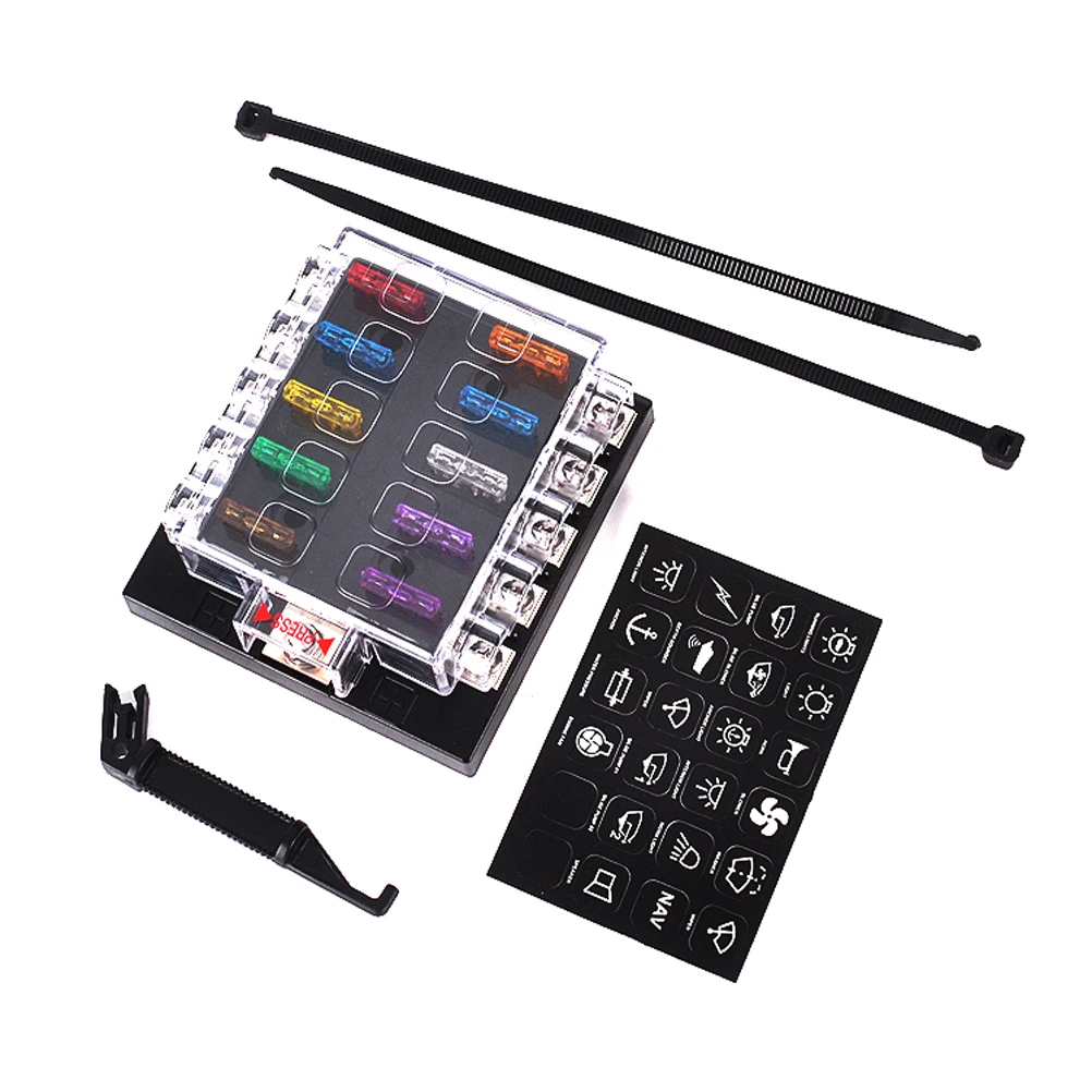 10-Way Blade Block Fuse Box Holder with Fuse for Automotive Marine (1*Fuse Holder + 10*Fuse +2*Tying Band + 1*Blade Fuse Clamp + 1*Sticker)