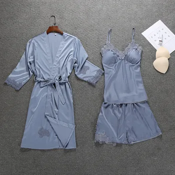 

Spring Sexy 3Pcs Robe Kimono Sleepwear Sets Womens Strap Top Pants Suit Casual Home Wear Pajamas Nightwear Bath Gown M-2XL