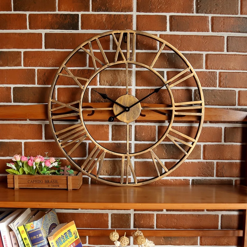 Retro Creative Hollowed-Out Wall Hanger Clock Iron Vintage Bed Living Room Roman Numberial Hanging Clock Household Wall Decor