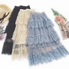 New Spring Summer Mesh Lace Skirts Womens Korean Elastic High Waist Tulle Maxi Skirt Women Tiered Ruffle Long Tutu Skirt Lady New Spring Summer Mesh Lace Skirts Womens Korean Elastic High Waist Tulle Maxi Skirt Women Tiered Ruffle Long Tutu Skirt Lady