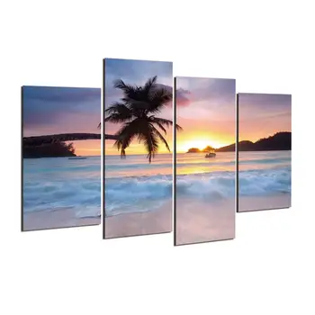

Wall Art Canvas Painting Frame HD Pictures For Room Home Decor 4 Pieces Coconut Sunset Beach Sea View Modern Canvas Poster