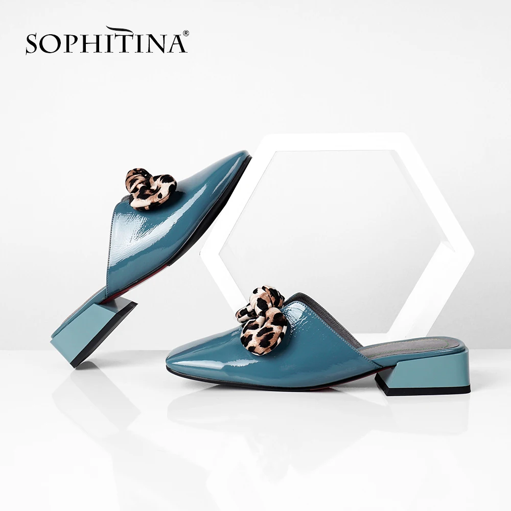 

SOPHITINA Fashion Butterfly-knot Slippers Sexy Patent Leather Unique Leopard Shoes Comfortable Square Heel Women's Slippers MO94