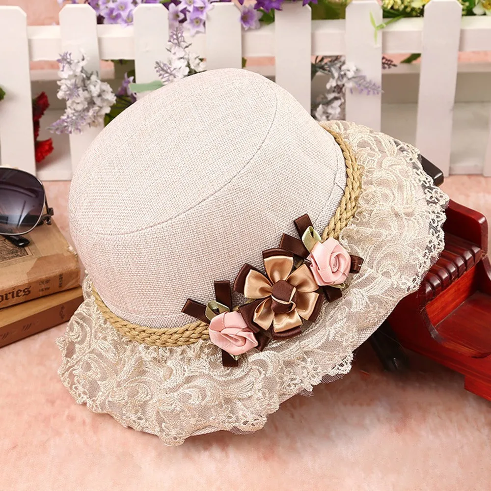 Sisjuly горячая распродажа солнцезащитный крем шляпа Солнце сладкий 3D цветок кружева широкие поля синий элегантный партия крышка праздник пляж мода повседневная шляпы женщины - Цвет: Бежевый