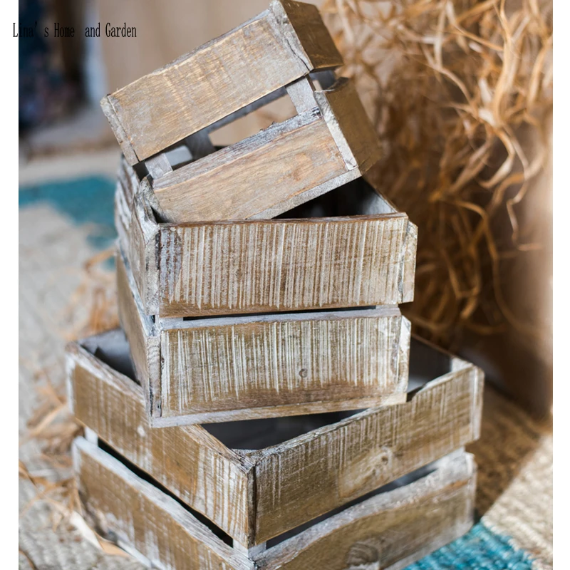 set of 3 farmhouse shabby square handmade solid vintage wooden crates (4)