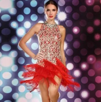 2015 Red Black Blue Purple white 6Colors Women Lady Sequin Fringe Dance Costumes Ballroom Salsa Dance Dress Latin Fringe Dresses