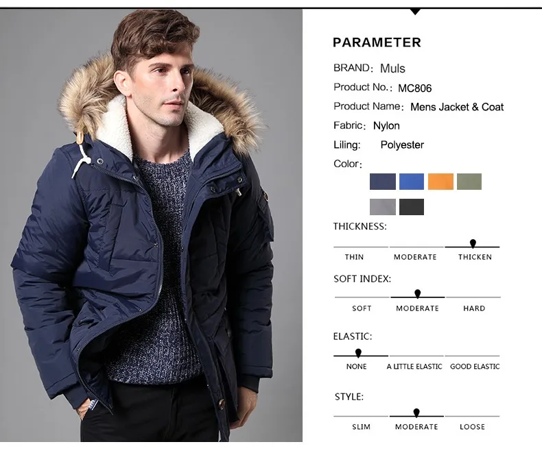 6Colors Winter jacket men cold degree thick fur hooded jacket coat for man Keep warm windproof Coat European size M-3XL  MC806