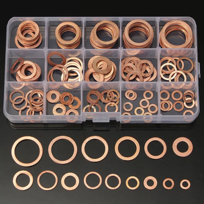 

150pcs Assorted Copper Gasket Seal Flat Ring Solid Copper Washers Set with Box 15 Sizes For Hardware Accessories