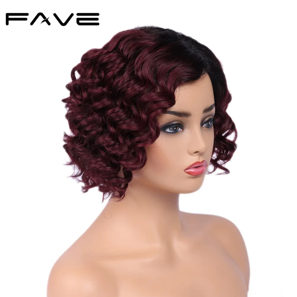 FAVE Hair Lace Part Short Curly Peruvian Human Remy Hair Wigs 150% Half Hand Tied TB/Red Wine Color Breathable & Adjustable