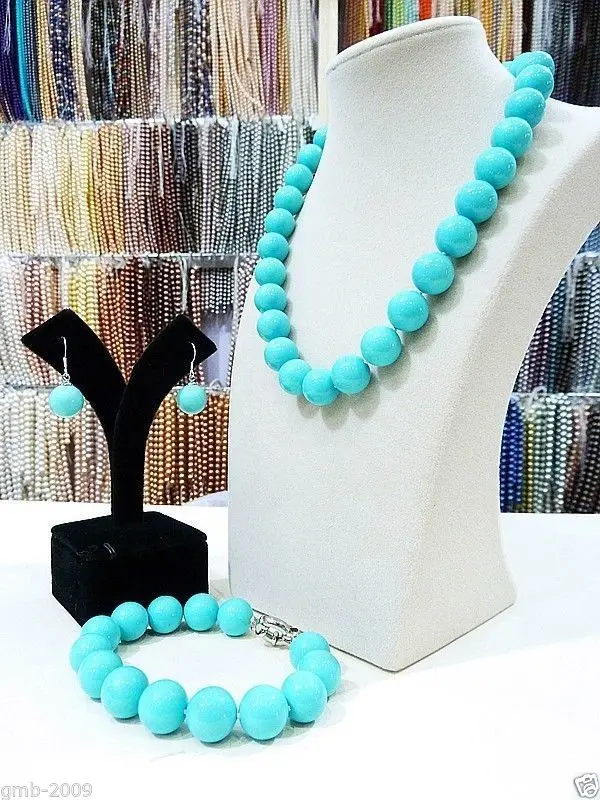 

Hot sale new Style >>>>Genuine 14mm Turquoise Blue South Sea Shell Pearl Necklace Bracelet Earrings Set