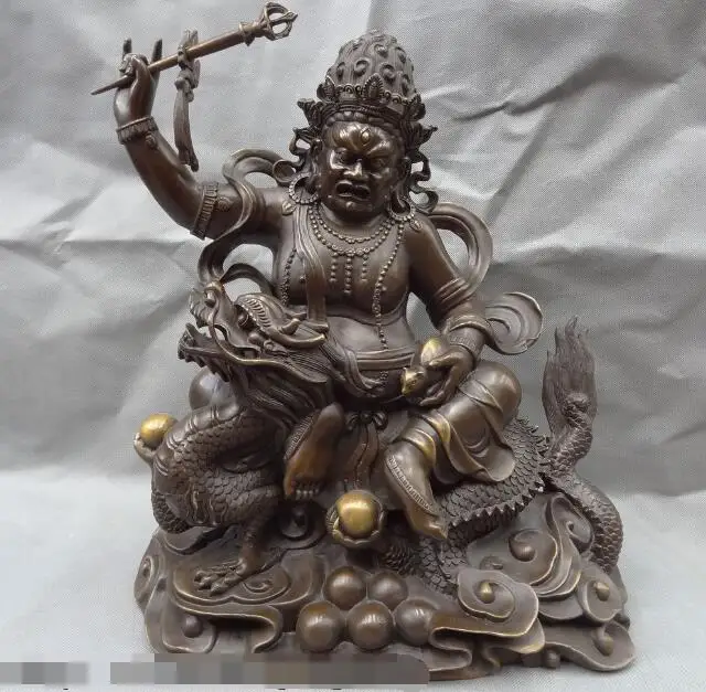 

S5497 16" Tibet Pure Bronze Buddhism White Jambhala Buddha Joss Statue Ride Fly Dragon
