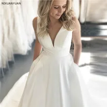 Простые Свадебные Платья Vestidos De Noiva, v-образный вырез, без рукавов, белая слоновая кость, атласные свадебные платья с низким вырезом на спине, дешевые женские свадебные платья