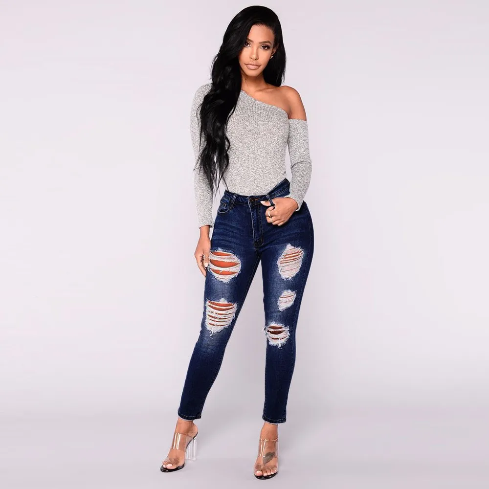 2018 New Womens Fashion Casual Jeans Ladies Slim Hole Ripped Skinny ...
