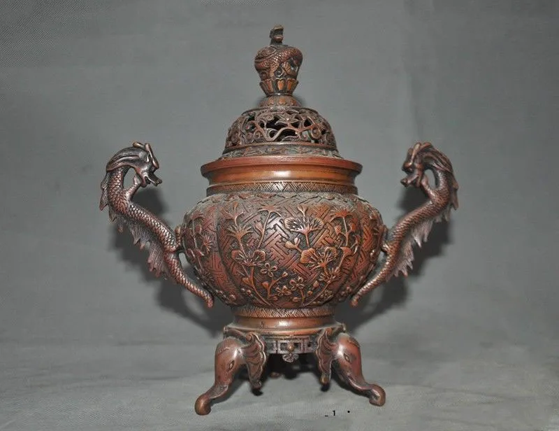 

wedding decoration 10" Old Chinese bronze Dragon Loong Elephant head statue Incense Burner censer