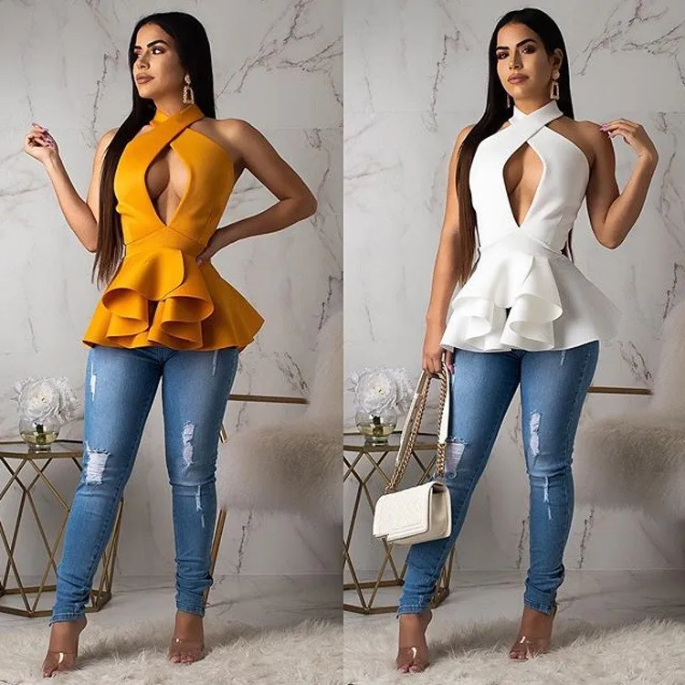 

2019 Summer Solid Halter Women White Shirt Casual Fashion Sexy Hollow Out Laminated Ruffles Sleeveless Blouses