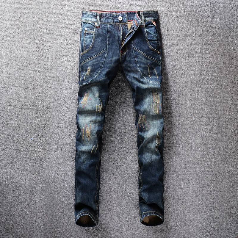 

Italian Style Vintage Design Men Jeans Retro Wash Ripped Jeans For Men Fashion Streetwear Hip Hop Jeans homme Classical Jeans