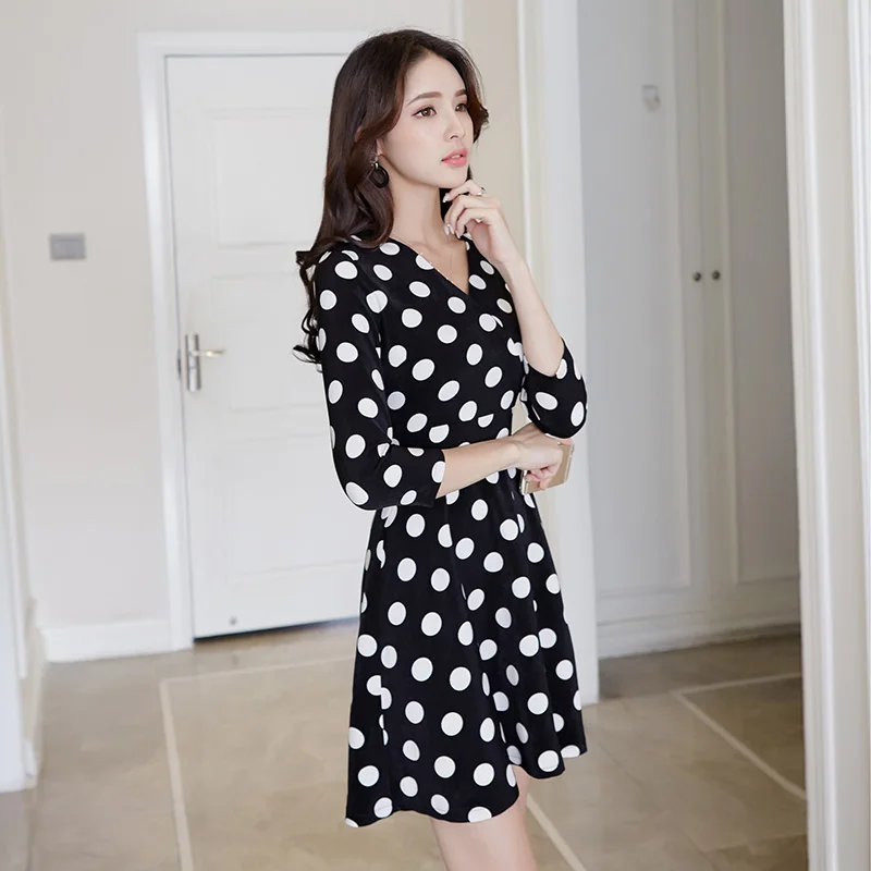 

Spring Women dress Polka Dot Slim Dresses Black 2687