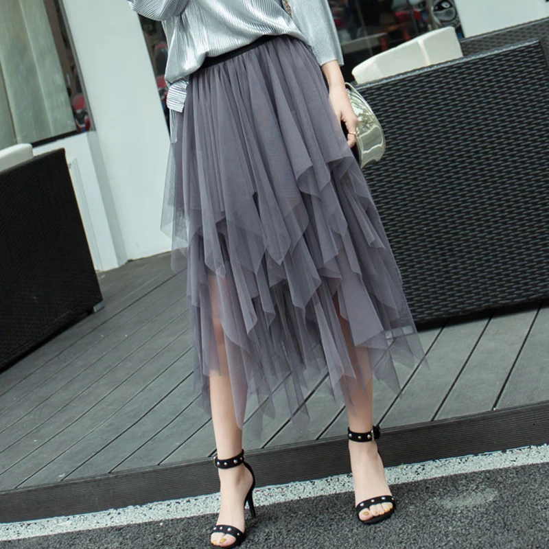

Hot Sale 2019 Fashion Women's Skirt Summer Spring Harajuku Elegant Tulle Skirt Mesh Slim High Waist Black Skirt Midi Dropshiping