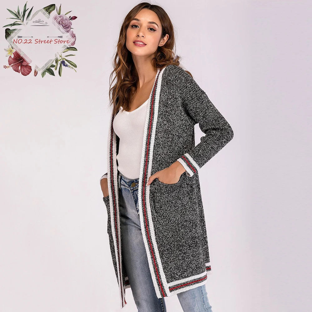 2018 Fashion Women Sweater Cardigans New Autumn Spring Long Coat Open Stitch O-Neck Pockets Kinitting Jacket |