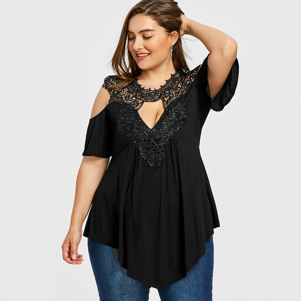 

Wipalo Plus Size Keyhole Neck Cold Shoulder T-Shirt Black Summer Casual Half Sleeves Lace Long Tops T Shirt Women T-Shirts 5XL