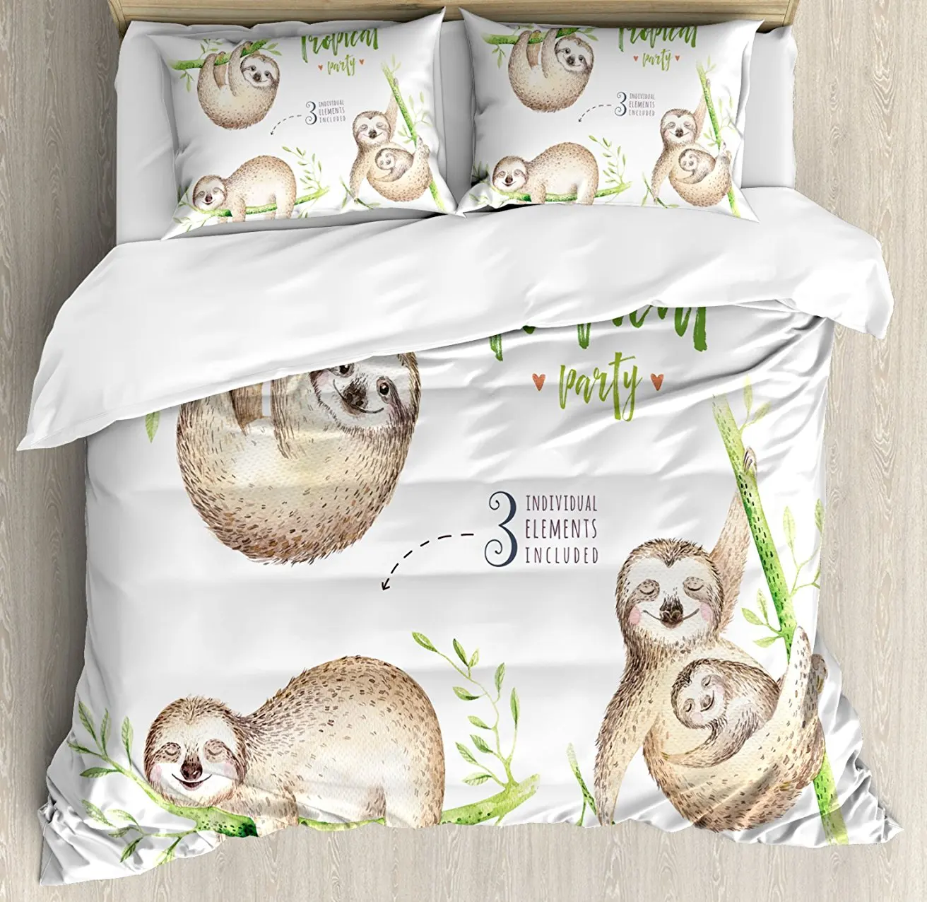 Sloth Duvet Cover Set Cute Babies in Tropical Nature Theme Exotic Palm