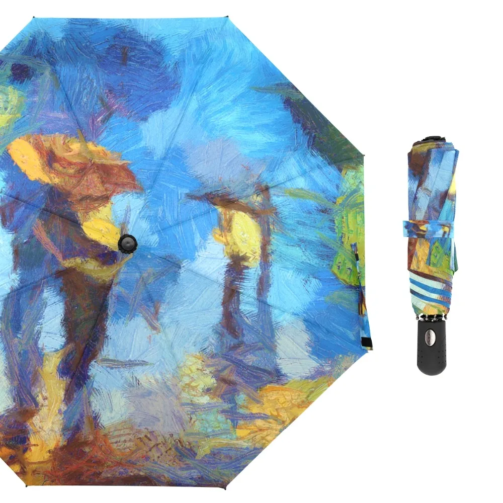 

Susino Rainy Couple Painting Windproof Umbrellas Fully-automatic Open Pongee Compact Auto Open CLose Three-folding Umbrella