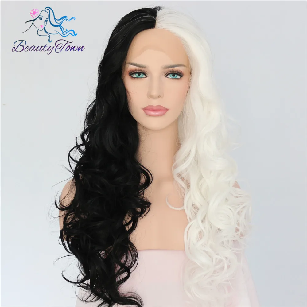 

BeautyTown Half Black Half White Color Hand Tied Cruella Cosplay Masquerade Party Synthetic Lace Front Wig For Women Gift