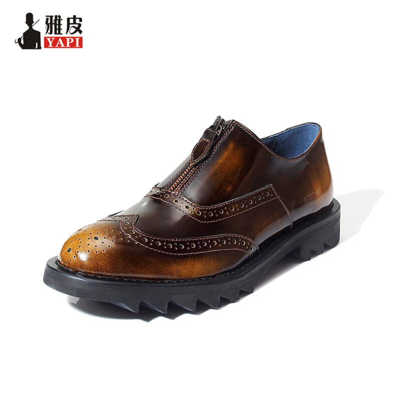 Clearance Sale US 10 Men Genuine Leather Wing Tips Carved Brogue Shoes Business Man Zipper Dress Shoes Thick Heel Oxfords