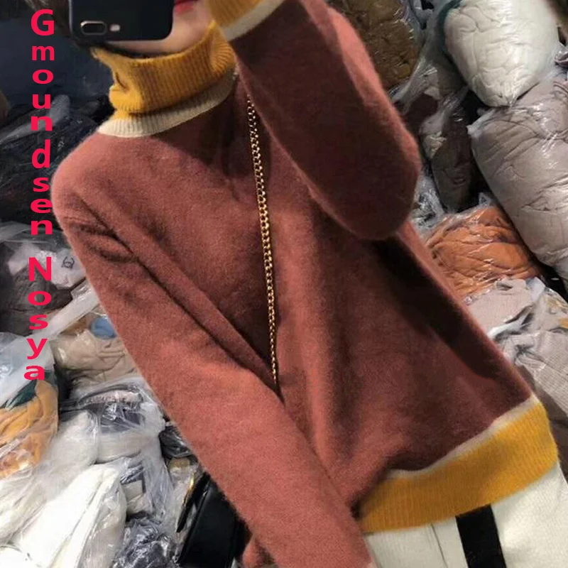 

new sweater women turtleneck Stitching color pullover women knitted sweater Loose cashmere sweater women winter clothes women