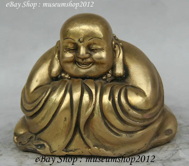 

7" Chinese Buddhism Brass Happy Laugh Maitreya Buddha Money Bag Yuan Bao Statue