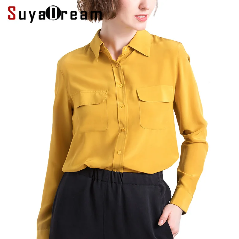 En Ligne Femmes Chemisier 100% Réel soie à manches Longues Deux poches casual Blouses Tournent Vers Le Bas 2018 Automne Nouveau Top chemise Gingembre