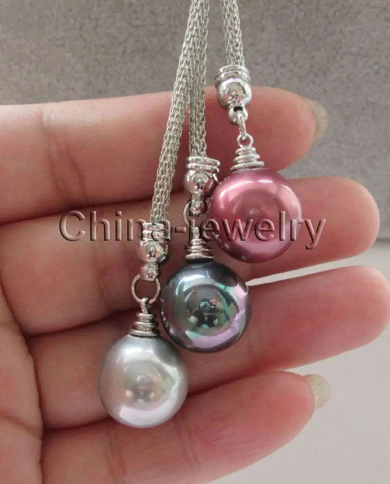 

Free shipping@@@@@ A24" 3bead 14mm gray - wine red - black round sea shell pearl necklace a 6.08