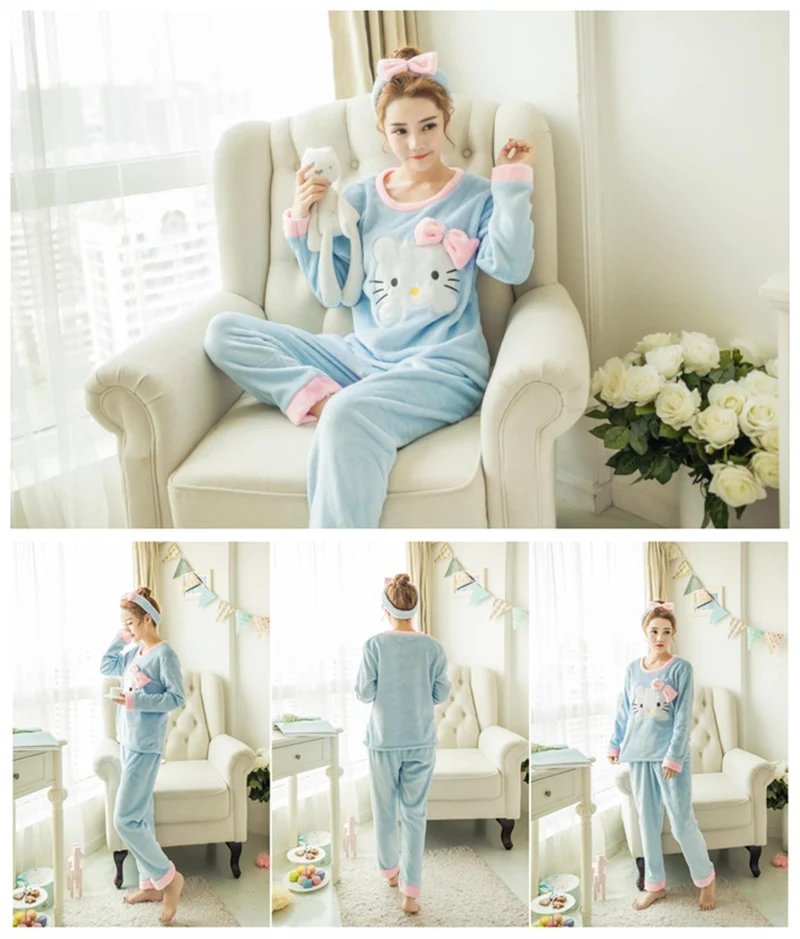 2 шт. розовый пижамный комплект ночное белье Пижама домашний костюм для женщин Зимняя теплая Пижама кошка с длинным рукавом зима Фланелевое белье