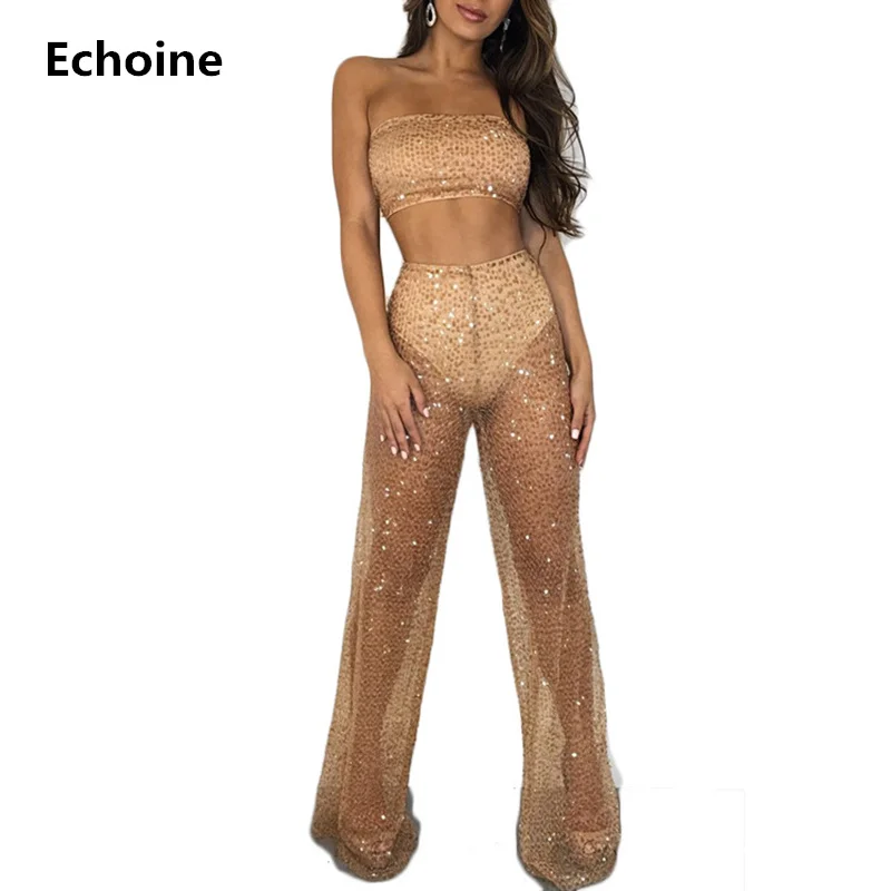 

Women Sequin Sheer mesh Two Piece Set Strapless Crop Top and Pants See Through Transparent Sexy Club Outfit Elegant Pants Set