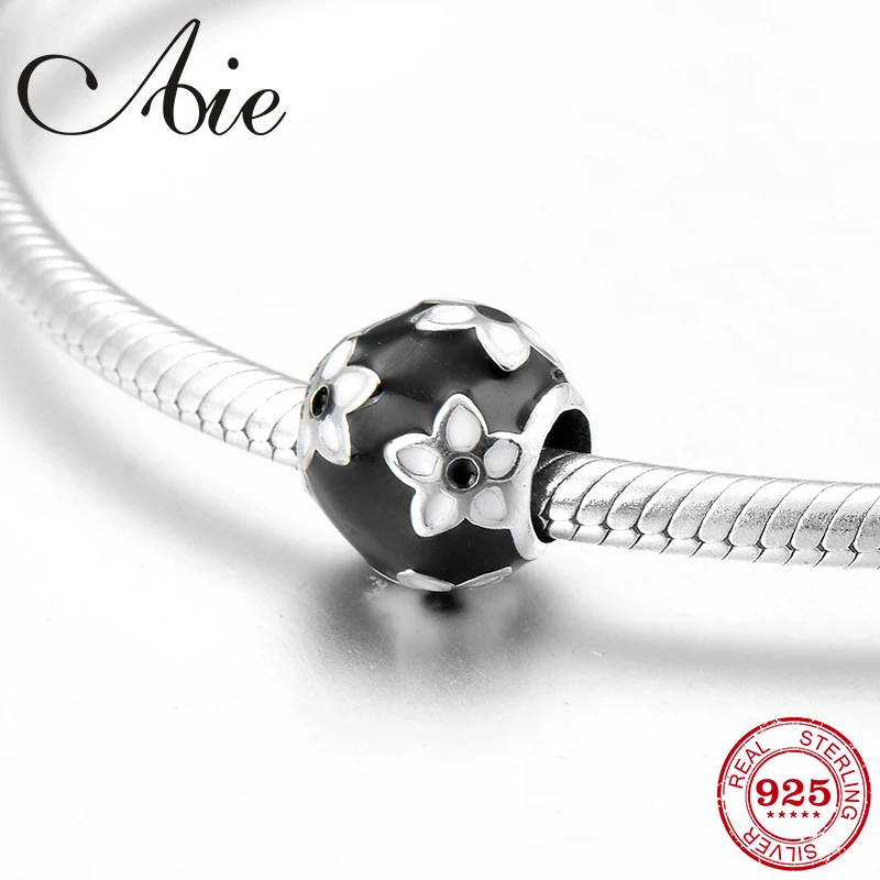 

Black Enamel beads 925 Sterling Silver mysterious white enamel flower Fit Original Pandora Charm Bracelet Jewelry making