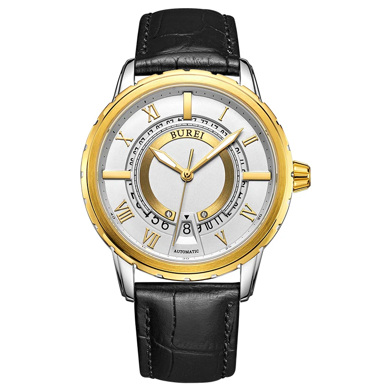 

BUREI 15023 Switzerland watches men luxury brand daydate Japan NH36 Jewels automatic self-wind sapphire golden Leather belt