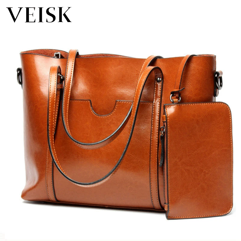 

VEISK Brown Handbags Women Bags Designer Solid Women's Leather Handbags Big Casual Tote Bag Ladies Shoulder Bag Woman Double