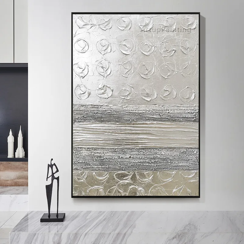 Silver Modern Abstract Oil Painting Hand painted Canvas Painting Wall